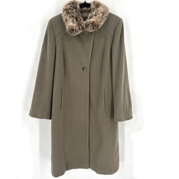 Vintage Nagy helga Womens Wool Cashmere Faux Fur Coat Jacket Olive Green Size 40